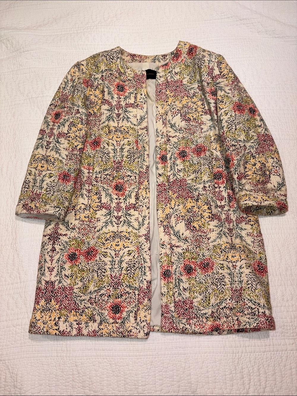 Zara Cream Floral Quilted Open-Front Jacket with Pink and Yellow Accents